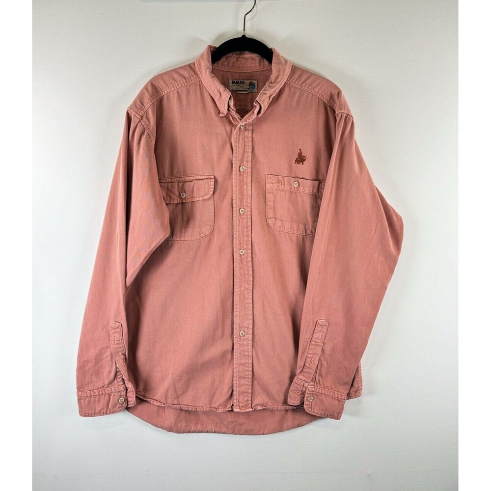 VINTAGE Imus Mens Button Up Shirt Red Denim Long Sleeve Cabincore Work Large